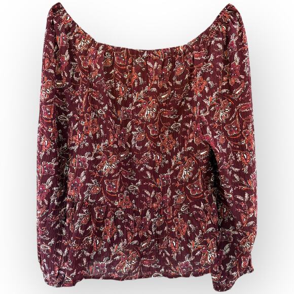 LOFT Maroon Paisley Off Shoulder Peasant Blouse Womens Sz L | Boho Long Sleeve - Picture 3 of 7